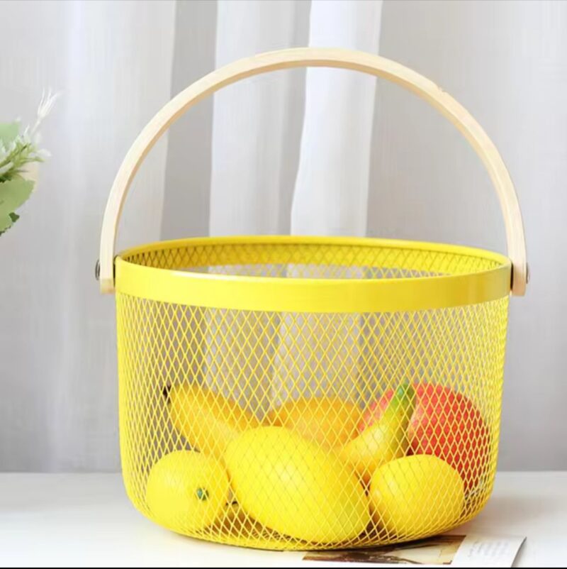 Durable Anti-Corrosion metal mesh storage basket with wooden handle for all use - Image 5